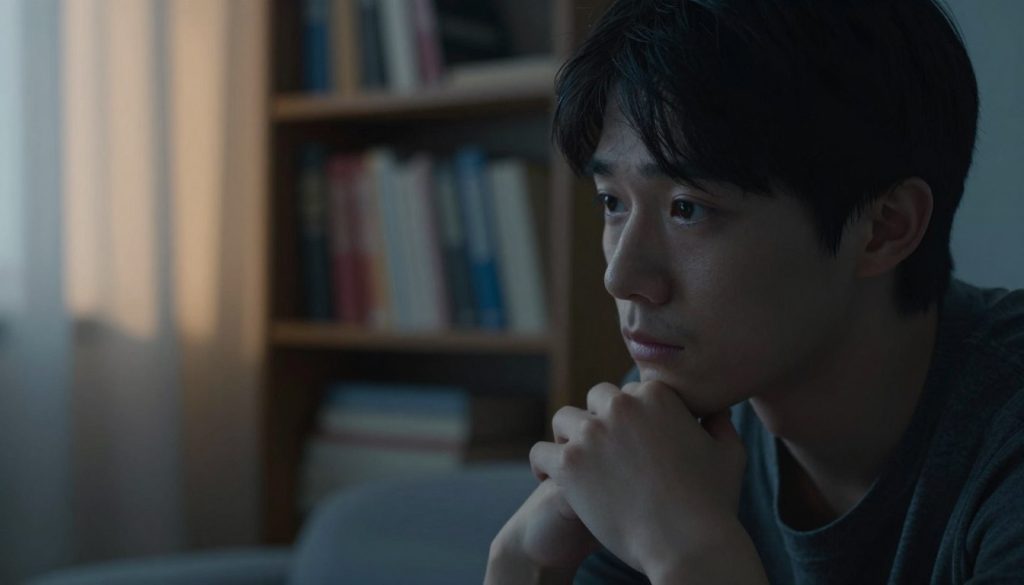 A thoughtful individual sitting in a dimly lit room, looking pensive and introspective. In the foreground, a close-up of their face reveals expressions of deep contemplation and subtle sadness. The middle ground features a blurred bookshelf filled with psychology and philosophy books, symbolizing the exploration of the mind. In the background, soft shadows are cast by a single source of warm, soothing light filtering through a window, creating a serene yet melancholic atmosphere. The overall color palette incorporates calming blues and grays, enhancing the mood of quiet reflection. The lens should capture the emotions delicately, focusing on the subject's eyes, drawing viewers into their internal struggle with feelings of sadness that seem unexplained. A thoughtful individual sitting in a dimly lit room, looking pensive and introspective. In the foreground, a close-up of their face reveals expressions of deep contemplation and subtle sadness. The middle ground features a blurred bookshelf filled with psychology and philosophy books, symbolizing the exploration of the mind. In the background, soft shadows are cast by a single source of warm, soothing light filtering through a window, creating a serene yet melancholic atmosphere. The overall color palette incorporates calming blues and grays, enhancing the mood of quiet reflection. The lens should capture the emotions delicately, focusing on the subject's eyes, drawing viewers into their internal struggle with feelings of sadness that seem unexplained.