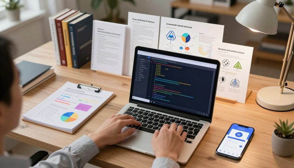 A top-down view of an aesthetically pleasing workspace featuring various free artificial intelligence tools, such as a laptop displaying code, colorful charts on a notepad, and a smartphone with AI applications on the screen. In the foreground, a pair of hands in professional attire is interacting with the laptop, perhaps typing or pointing. The middle of the scene showcases well-organized AI resources like books, guides, and diagrams to illustrate the concept of accessible AI tools. The background features a cozy office environment with soft, warm lighting coming from a desk lamp, creating an inviting atmosphere. The overall mood should be inspiring and innovative, promoting the idea of freely available AI resources for everyone.