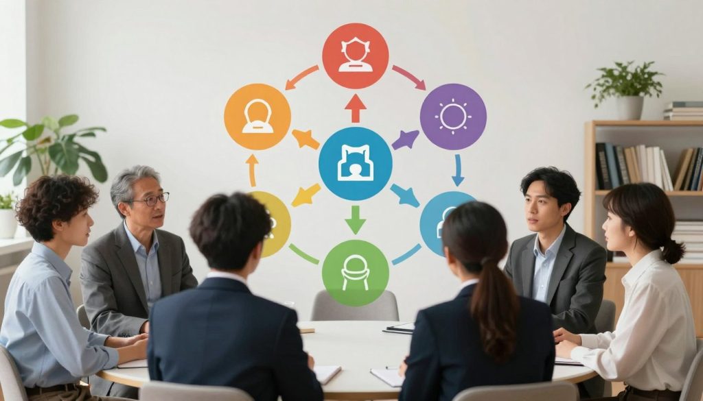 A tranquil and inviting introduction to the world of personality types. In the foreground, a diverse group of professionals engaged in thoughtful discussion, dressed in smart business attire, embodying various personality traits. The middle ground features a large, colorful chart or diagram depicting different personality types, with arrows and symbols showcasing the relationships between them. In the background, soft, diffuse lighting creates a serene atmosphere with blurred outlines of a cozy office environment filled with plants and books. The overall mood is collaborative and enlightening, inviting the viewer into a space of discovery and understanding of human personality. The image should be bright, captivating, and devoid of any text or overlays, focusing purely on the interaction and representation of personality concepts. A tranquil and inviting introduction to the world of personality types. In the foreground, a diverse group of professionals engaged in thoughtful discussion, dressed in smart business attire, embodying various personality traits. The middle ground features a large, colorful chart or diagram depicting different personality types, with arrows and symbols showcasing the relationships between them. In the background, soft, diffuse lighting creates a serene atmosphere with blurred outlines of a cozy office environment filled with plants and books. The overall mood is collaborative and enlightening, inviting the viewer into a space of discovery and understanding of human personality. The image should be bright, captivating, and devoid of any text or overlays, focusing purely on the interaction and representation of personality concepts.