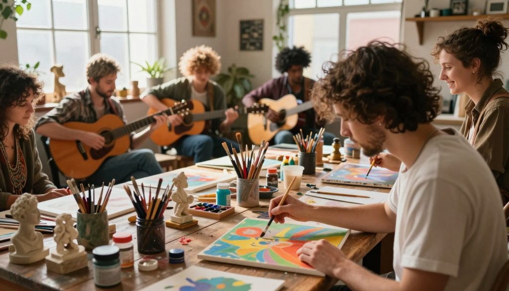 A vibrant and dynamic scene depicting creative expression in the arts, featuring a diverse group of artists engaged in various artistic activities. In the foreground, an artist with a paintbrush in hand leans over a colorful canvas, wearing modest casual clothing. Nearby, a musician passionately plays a guitar, capturing the soulful essence of the bohemian spirit. In the middle ground, an intricate collection of art supplies including paints, brushes, and sculptures sprawls across a rustic table. The background showcases a cozy, eclectic studio filled with warm sunlight streaming through large windows, casting soft shadows. The atmosphere is lively and inspiring, reflecting the cultural richness and creativity of the bohemian lifestyle, inviting viewers into a world of artistic expression. Use soft, natural lighting to enhance the warmth and vibrancy of the colors, shot from a slight angle to add depth.