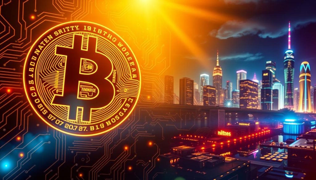 A vibrant and dynamic visual representation of the evolution of Bitcoin, showcasing its journey through time. In the foreground, highlight a large, stylized Bitcoin symbol glowing with golden tones, surrounded by intricate circuit patterns to symbolize technology. In the middle ground, feature a series of iconic milestones in Bitcoin's history, such as early mining rigs and digital wallets, depicted in a semi-transparent layer to create depth. In the background, illustrate a futuristic city skyline illuminated by neon lights, representing the modern financial landscape influenced by cryptocurrency. Use dramatic lighting to enhance the sense of progression, with shadows casting a sense of mystery and potential. Capture an atmosphere of innovation and revolution, inviting the viewer to explore the captivating world of Bitcoin. A vibrant and dynamic visual representation of the evolution of Bitcoin, showcasing its journey through time. In the foreground, highlight a large, stylized Bitcoin symbol glowing with golden tones, surrounded by intricate circuit patterns to symbolize technology. In the middle ground, feature a series of iconic milestones in Bitcoin's history, such as early mining rigs and digital wallets, depicted in a semi-transparent layer to create depth. In the background, illustrate a futuristic city skyline illuminated by neon lights, representing the modern financial landscape influenced by cryptocurrency. Use dramatic lighting to enhance the sense of progression, with shadows casting a sense of mystery and potential. Capture an atmosphere of innovation and revolution, inviting the viewer to explore the captivating world of Bitcoin.