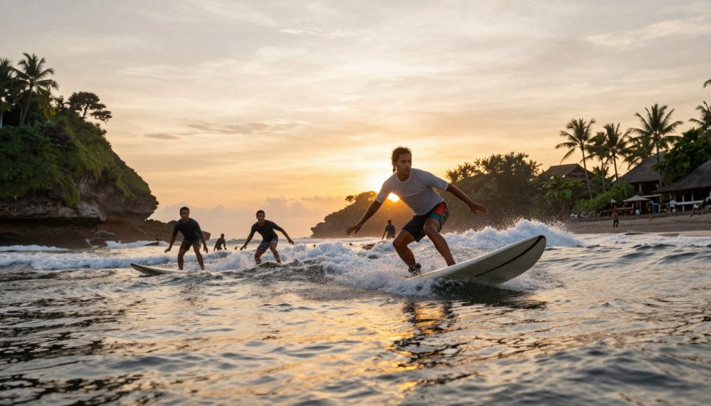 A vibrant beach scene in Bali at sunset, featuring surfers skillfully riding the waves. In the foreground, a determined surfer, wearing a modest rash guard and board shorts, glides atop a wave, water splashing around him. The middle ground showcases several surfers, capturing the excitement and thrill of the sport while displaying camaraderie. In the background, the iconic Bali coastline reveals lush green cliffs and palm trees, with the sun dipping below the horizon, casting warm golden and orange hues across the sky. The lighting is soft and warm, enhancing the tranquil yet adventurous atmosphere. The angle captures the surfers from a low perspective, emphasizing the waves' height and the dynamic motion of the scene. A vibrant beach scene in Bali at sunset, featuring surfers skillfully riding the waves. In the foreground, a determined surfer, wearing a modest rash guard and board shorts, glides atop a wave, water splashing around him. The middle ground showcases several surfers, capturing the excitement and thrill of the sport while displaying camaraderie. In the background, the iconic Bali coastline reveals lush green cliffs and palm trees, with the sun dipping below the horizon, casting warm golden and orange hues across the sky. The lighting is soft and warm, enhancing the tranquil yet adventurous atmosphere. The angle captures the surfers from a low perspective, emphasizing the waves' height and the dynamic motion of the scene.