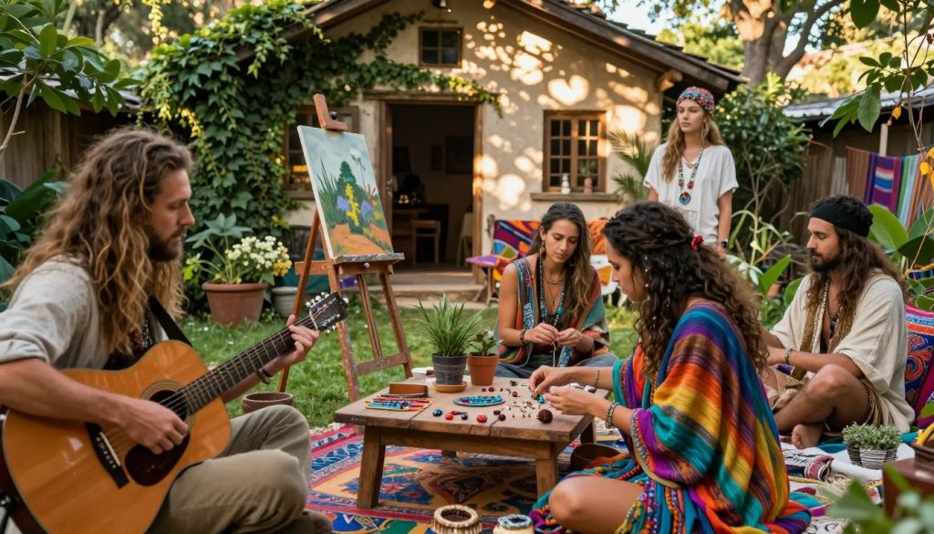 A vibrant, bohemian lifestyle scene featuring a diverse group of individuals engaging in artistic expression. In the foreground, a man with long, tousled hair plays a guitar, while a woman with colorful, flowing fabrics organizes handmade jewelry on a wooden table. In the middle, a cozy garden setting filled with eclectic decor—colorful textiles, potted plants, and an old wooden easel with a half-finished painting. The background shows a rustic cottage with ivy climbing its walls, illuminated by warm afternoon sunlight filtering through trees, creating dappled shadows. The atmosphere is relaxed and inviting, evoking a sense of creativity and freedom. Shot with a soft focus lens to enhance the dreamy quality of the scene.