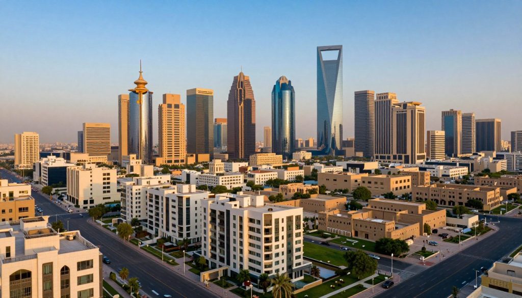 A vibrant cityscape of Riyadh showcasing the diverse real estate landscape. In the foreground, include various styles of modern residential buildings and luxury apartments with lush green landscaping. The middle ground features commercial skyscrapers and office buildings reflecting contemporary architectural designs, all seamlessly integrated. In the background, visualize a traditional Saudi Arabian architectural style, such as mud brick homes and historic landmarks, providing a cultural contrast. The scene is set during golden hour, bathing the architecture in warm sunlight, with clear blue skies enhancing the atmosphere. Use a wide-angle lens to capture the breadth of the city while emphasizing both modernity and tradition, creating a harmonious balance. The overall mood is vibrant and inviting, reflecting a thriving urban environment. A vibrant cityscape of Riyadh showcasing the diverse real estate landscape. In the foreground, include various styles of modern residential buildings and luxury apartments with lush green landscaping. The middle ground features commercial skyscrapers and office buildings reflecting contemporary architectural designs, all seamlessly integrated. In the background, visualize a traditional Saudi Arabian architectural style, such as mud brick homes and historic landmarks, providing a cultural contrast. The scene is set during golden hour, bathing the architecture in warm sunlight, with clear blue skies enhancing the atmosphere. Use a wide-angle lens to capture the breadth of the city while emphasizing both modernity and tradition, creating a harmonious balance. The overall mood is vibrant and inviting, reflecting a thriving urban environment.