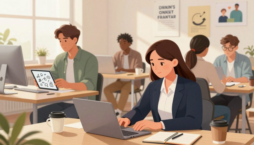 A vibrant illustration depicting the journey of making money online, featuring a diverse group of individuals engaged in various online activities. In the foreground, depict a young woman in professional business attire focused on a laptop, surrounded by coffee cups and notepads. In the middle ground, showcase a young man working on his digital tablet, sketching ideas for an online venture, while another person is on a video call discussing strategies. The background should feature a modern workspace with motivational posters about entrepreneurship. Warm, soft lighting floods the scene, creating an inviting and inspirational atmosphere. Use a wide-angle lens effect to capture the collaborative spirit and optimism of starting an online business. The image should evoke excitement and possibility, reflecting the theme of beginning an online earning journey.