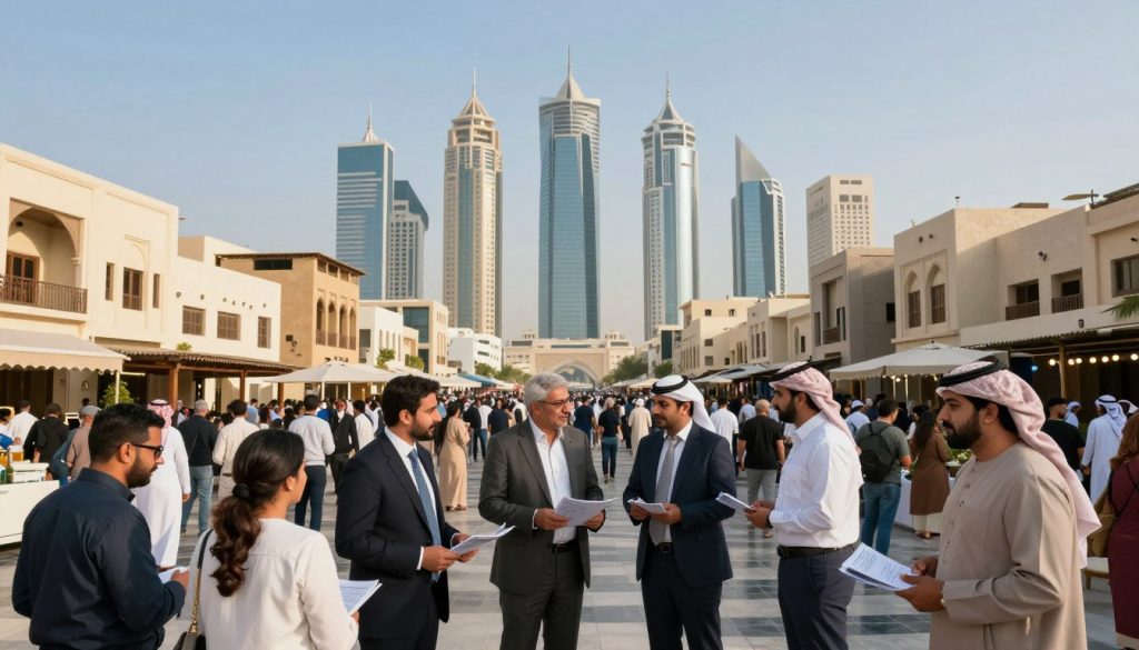 A vibrant real estate market scene in Riyadh, showcasing a bustling marketplace with modern skyscrapers in the background. The foreground features diverse properties, including elegant villas and contemporary apartment buildings, all under a clear blue sky. In the middle ground, real estate agents in professional attire are engaging with potential buyers, discussing property options. The atmosphere is lively, reflecting a promising investment landscape, with people actively exchanging ideas and brochures. The lighting is bright and warm, enhancing the welcoming mood. The camera angle is slightly elevated, providing a panoramic view of the market scene, highlighting the dynamic blend of traditional and modern architecture typical of Riyadh. A vibrant real estate market scene in Riyadh, showcasing a bustling marketplace with modern skyscrapers in the background. The foreground features diverse properties, including elegant villas and contemporary apartment buildings, all under a clear blue sky. In the middle ground, real estate agents in professional attire are engaging with potential buyers, discussing property options. The atmosphere is lively, reflecting a promising investment landscape, with people actively exchanging ideas and brochures. The lighting is bright and warm, enhancing the welcoming mood. The camera angle is slightly elevated, providing a panoramic view of the market scene, highlighting the dynamic blend of traditional and modern architecture typical of Riyadh.