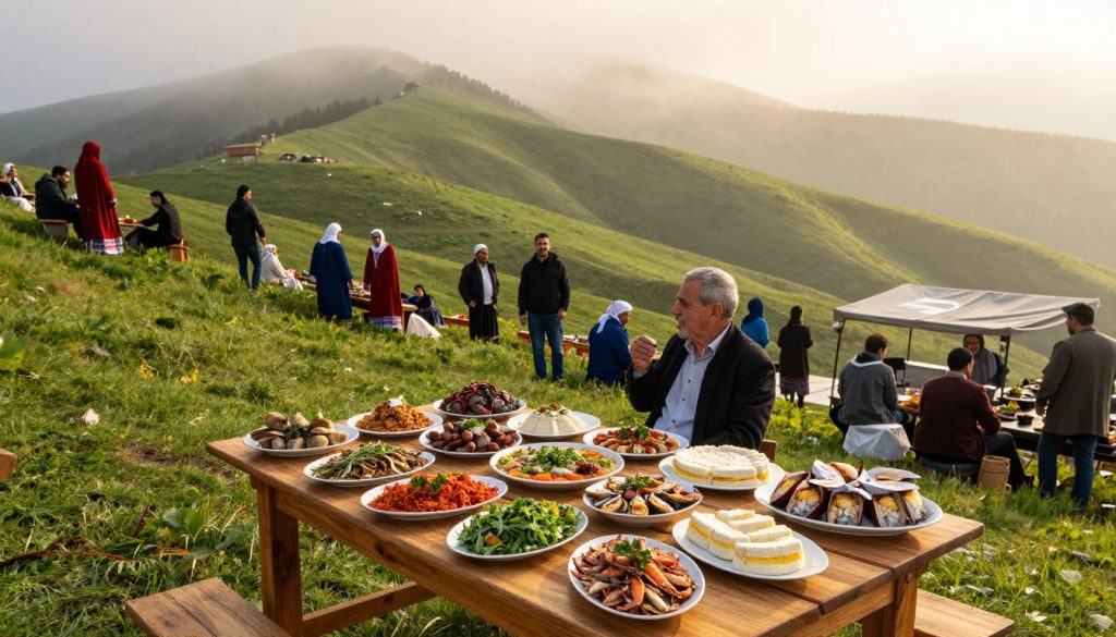 A vibrant scene capturing the essence of Trabzon’s culture and flavors, set against a lush, green hillside under a soft fog. In the foreground, a traditional wooden table is spread with an array of local dishes, featuring vibrant herbs, fresh seafood, and exquisite desserts, inviting viewers to take a taste. The middle ground showcases a lively market atmosphere with local vendors in modest, colorful attire, engaging with joy and warmth, reflecting genuine hospitality. In the background, the majestic Trabzon hills rise, draped in mist, creating a serene yet enchanting mood. The lighting is warm, casting a golden glow that enhances the inviting atmosphere, while the angle provides a slightly aerial view, immersing the viewer in the unique cultural experience of Trabzon. A vibrant scene capturing the essence of Trabzon’s culture and flavors, set against a lush, green hillside under a soft fog. In the foreground, a traditional wooden table is spread with an array of local dishes, featuring vibrant herbs, fresh seafood, and exquisite desserts, inviting viewers to take a taste. The middle ground showcases a lively market atmosphere with local vendors in modest, colorful attire, engaging with joy and warmth, reflecting genuine hospitality. In the background, the majestic Trabzon hills rise, draped in mist, creating a serene yet enchanting mood. The lighting is warm, casting a golden glow that enhances the inviting atmosphere, while the angle provides a slightly aerial view, immersing the viewer in the unique cultural experience of Trabzon.