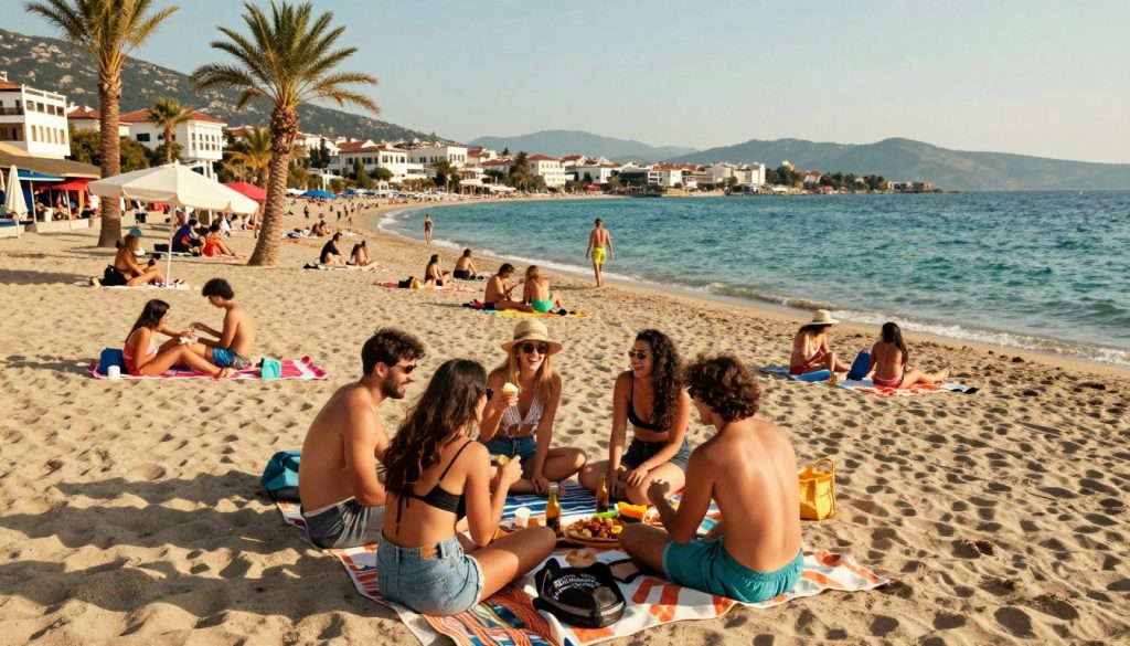 A vibrant summer scene in Turkey, capturing the essence of sunny beaches and lively atmosphere. In the foreground, a group of friends enjoying a picnic on a sandy beach, wearing casual summer attire, laughing and sharing food. The middle ground features sunbathers lounging on colorful beach towels, while a turquoise sea gently laps at the shore. Palm trees and sun umbrellas provide shade, adding a tropical feel. In the background, the iconic silhouette of a Turkish coastal town with whitewashed buildings and hills. The scene is bathed in warm, golden sunlight, emphasizing a joyful summer day. Capture this with a wide-angle lens for a dynamic perspective, conveying the lively and carefree mood of a perfect summer in Turkey.