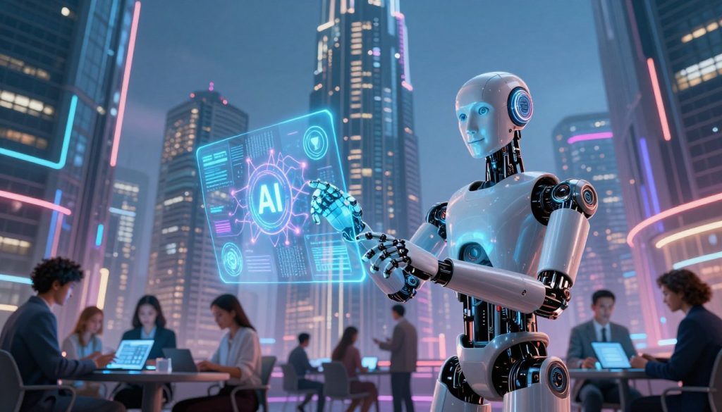 A visually striking depiction of artificial intelligence, showcasing a futuristic cityscape in the background with towering skyscrapers made of glass and steel, illuminated by vibrant neon lights. In the foreground, a humanoid robot is interacting with digital holograms displaying various symbols of AI, such as neural networks, data streams, and binary codes. The robot, designed in sleek metallic colors, embodies a professional and friendly demeanor, dressed in modest business attire. The middle layer features an array of diverse individuals—men and women of different ethnicities—collaborating around digital devices, emphasizing human-AI interaction. Soft, ambient lighting creates a hopeful and innovative atmosphere, while a low-angle perspective captures the grandeur of the scene, inviting viewers to ponder the future of AI and its impact on our lives. A visually striking depiction of artificial intelligence, showcasing a futuristic cityscape in the background with towering skyscrapers made of glass and steel, illuminated by vibrant neon lights. In the foreground, a humanoid robot is interacting with digital holograms displaying various symbols of AI, such as neural networks, data streams, and binary codes. The robot, designed in sleek metallic colors, embodies a professional and friendly demeanor, dressed in modest business attire. The middle layer features an array of diverse individuals—men and women of different ethnicities—collaborating around digital devices, emphasizing human-AI interaction. Soft, ambient lighting creates a hopeful and innovative atmosphere, while a low-angle perspective captures the grandeur of the scene, inviting viewers to ponder the future of AI and its impact on our lives.
