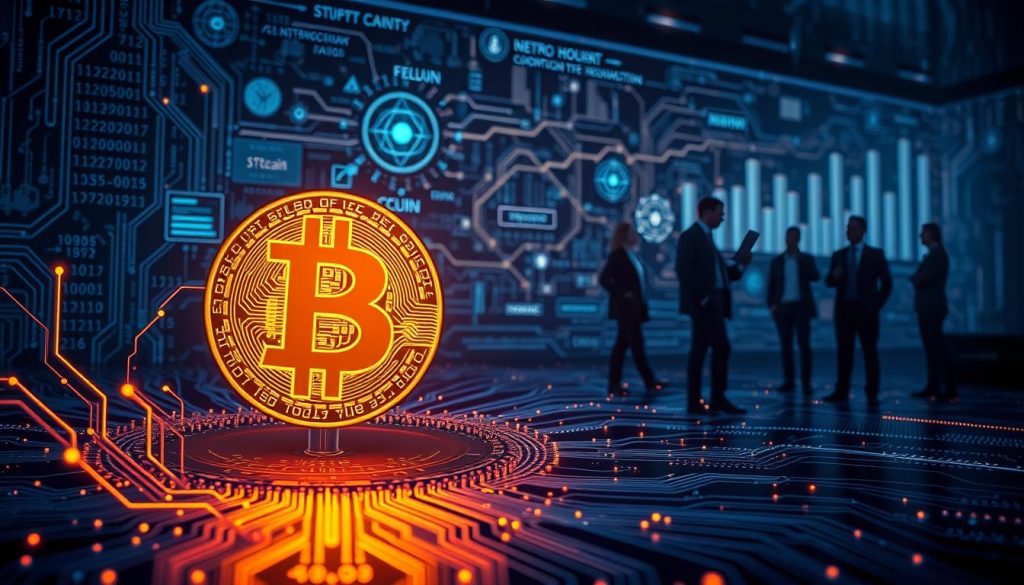 A visually striking representation of the technical foundations of Bitcoin, featuring a sleek and modern digital backdrop. In the foreground, intricate circuitry intertwined with binary code flows seamlessly beneath a glowing Bitcoin symbol, symbolizing innovation. The middle ground showcases iconic technological elements like a blockchain diagram and cryptographic symbols, illuminated by soft, ambient lighting that creates a futuristic atmosphere. In the background, silhouettes of early computer scientists and cryptographers in professional attire are engaged in deep discussion, reflecting the intellectual origins of Bitcoin. The overall mood should be inspiring and thought-provoking, with a cool color palette emphasizing blues and purples to evoke a sense of advanced technology and possibility. The scene should capture a blend of technology, finance, and innovation. A visually striking representation of the technical foundations of Bitcoin, featuring a sleek and modern digital backdrop. In the foreground, intricate circuitry intertwined with binary code flows seamlessly beneath a glowing Bitcoin symbol, symbolizing innovation. The middle ground showcases iconic technological elements like a blockchain diagram and cryptographic symbols, illuminated by soft, ambient lighting that creates a futuristic atmosphere. In the background, silhouettes of early computer scientists and cryptographers in professional attire are engaged in deep discussion, reflecting the intellectual origins of Bitcoin. The overall mood should be inspiring and thought-provoking, with a cool color palette emphasizing blues and purples to evoke a sense of advanced technology and possibility. The scene should capture a blend of technology, finance, and innovation.