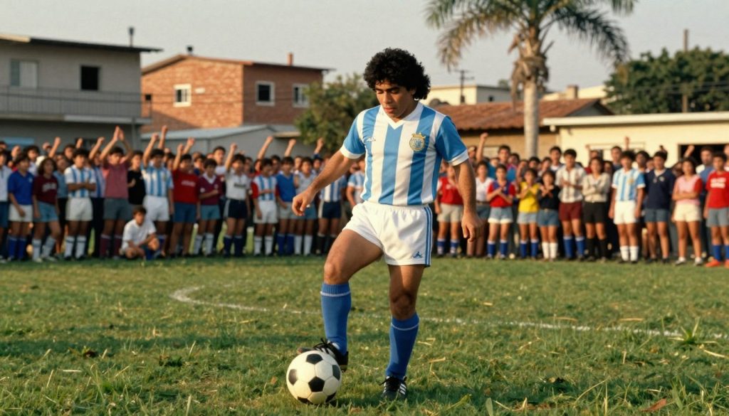 A vivid depiction of Diego Maradona's early football career, showcasing him as a young player on a vibrant green soccer field. In the foreground, a determined Maradona, around 16 years old, wearing a simple blue and white jersey, skillfully juggling a soccer ball with his feet, displaying his natural talent. The middle ground features a bustling local crowd, including young fans in casual clothing, cheering and celebrating. The background portrays a nostalgic, sunlit neighborhood in Buenos Aires, with brick buildings and palm trees, reminiscent of his childhood. The image should be captured with a warm, golden hour light, emphasizing the joy and passion of football. The atmosphere is lively and inspirational, echoing the essence of a young football prodigy on the verge of greatness.