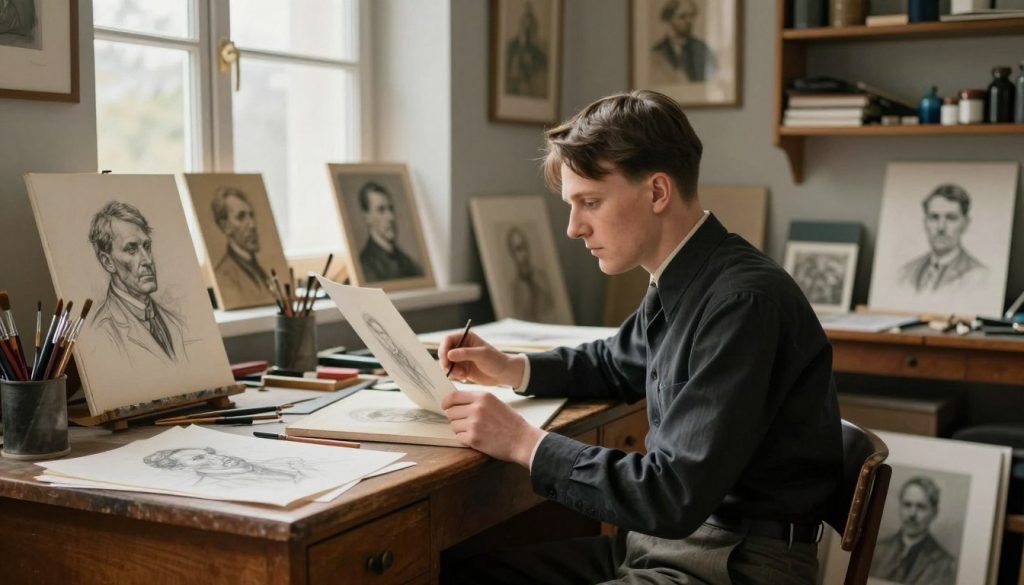 A young Adolf Hitler sitting at a wooden desk in a quaint art studio, surrounded by sketches and paintings that showcase his early artistic aspirations. In the foreground, he is focused intently on a canvas, dressed in a modest dark shirt and trousers. The middle ground features various artistic tools like paintbrushes, palettes, and scattered charcoal drawings reflecting a mixture of classical and innovative styles. In the background, soft light filters through a large window, casting gentle shadows and creating a serene, contemplative atmosphere. The room is adorned with framed artworks and shelves filled with art supplies, encapsulating the essence of a creative mind filled with ambition during his formative years. The overall mood is reflective and inspiring, representing the intersection of education and artistic passion.