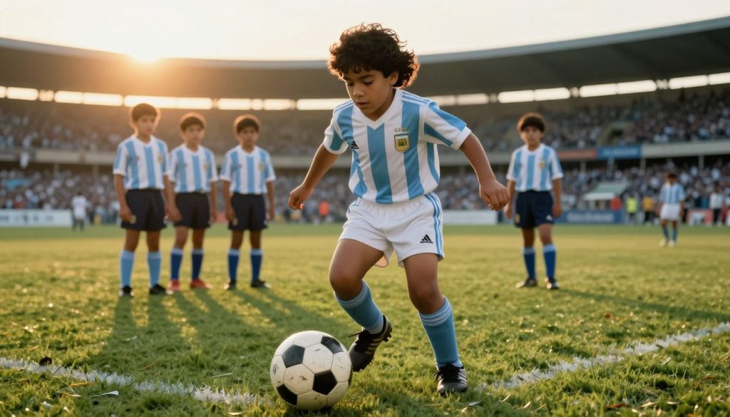 A young Diego Maradona, known as "El Pibe de Oro," is captured in a dramatic moment on a vibrant Argentine soccer field. In the foreground, a determined 12-year-old Maradona dribbles a classic leather soccer ball, showcasing his exceptional skills and passion for the game. His curly hair is slightly tousled, and he wears a traditional blue and white striped jersey with shorts. In the middle ground, fellow young players watch in awe, with a backdrop of a bustling stadium filled with energy and excitement. The sun sets, casting a warm golden light that enhances the scene's nostalgic atmosphere, emphasizing the beginning of Maradona's legendary journey. The angle is slightly from below, creating a sense of heroism as he prepares to make a breakthrough play. The overall mood reflects youthful ambition and the essence of Argentine soccer.