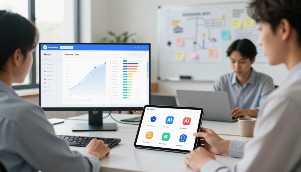 An organized workspace featuring a diverse group of professionals, focused on selecting free AI tools. In the foreground, a person in business attire is examining a tablet with AI tool icons displayed. The middle-ground displays a large screen showcasing a comparison chart of various AI tools, with graphs and user ratings. To the back, a whiteboard is filled with diagrams and sticky notes of research findings. Soft, natural lighting flows in from a window, creating a bright and engaging atmosphere. The composition maintains a clean, modern aesthetic with a blend of tech and collaboration vibes, invoking a sense of curiosity and professionalism in the pursuit of technological solutions.