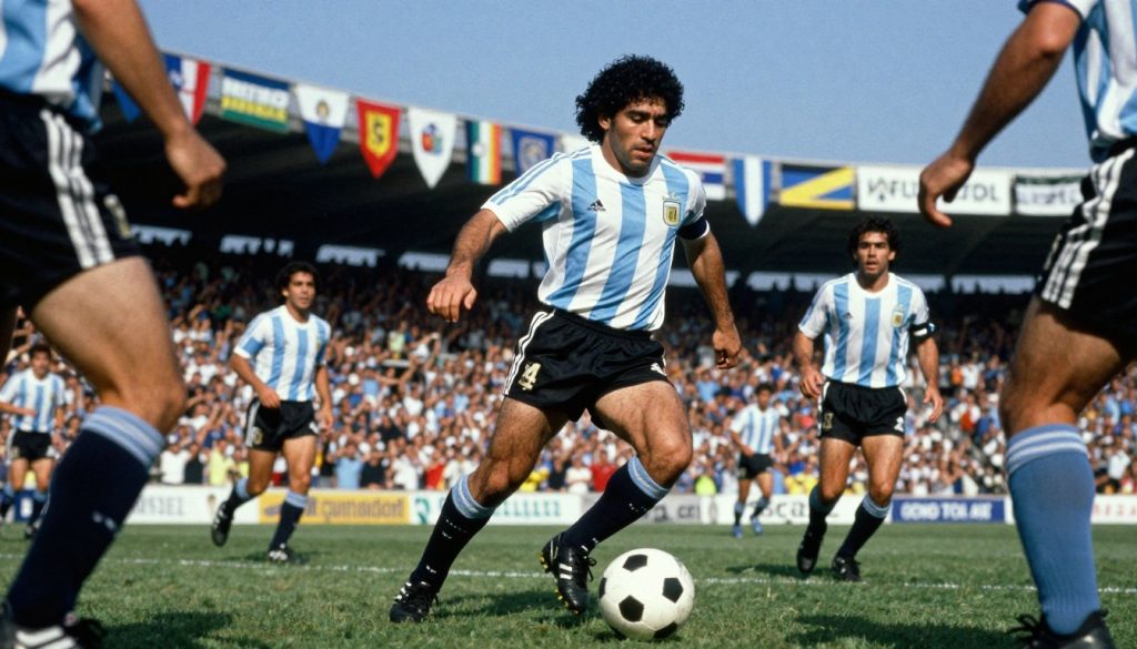 Diego Maradona, the legendary Argentine footballer, dribbling a soccer ball during an intense moment in the FIFA World Cup. The scene captures him in a historic match, wearing the iconic blue and white striped Argentine jersey, showcasing his athleticism and charisma. In the foreground, Maradona is in action, surrounded by opponents trying to intercept him, displaying his exceptional skill and determination. The middle ground features an electrified stadium filled with cheering fans, their expressions reflecting excitement and anticipation. The background has vibrant team banners and a clear blue sky, symbolizing hope and triumph. The lighting is dramatic, spotlighting Maradona, with soft focus around the edges to create an immersive atmosphere that celebrates his legacy and impact on football history.