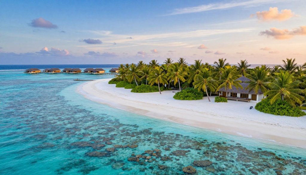 A breathtaking aerial view of the Maldives, showcasing its stunning turquoise lagoons and pristine white sandy beaches. In the foreground, vibrant coral reefs teeming with colorful marine life can be seen just beneath the crystal-clear water. The middle ground features lush green palm trees swaying gently in the breeze, with luxurious overwater bungalows dotting the coastline, exemplifying upscale tropical living. In the background, serene blue skies transition into soft pastel colors as the sun sets, creating a warm, tranquil atmosphere. The lighting is soft and golden, enhancing the beauty of this idyllic paradise. The scene reflects a sense of peace and escape, making the viewer feel immersed in the essence of the Maldives. A breathtaking aerial view of the Maldives, showcasing its stunning turquoise lagoons and pristine white sandy beaches. In the foreground, vibrant coral reefs teeming with colorful marine life can be seen just beneath the crystal-clear water. The middle ground features lush green palm trees swaying gently in the breeze, with luxurious overwater bungalows dotting the coastline, exemplifying upscale tropical living. In the background, serene blue skies transition into soft pastel colors as the sun sets, creating a warm, tranquil atmosphere. The lighting is soft and golden, enhancing the beauty of this idyllic paradise. The scene reflects a sense of peace and escape, making the viewer feel immersed in the essence of the Maldives.