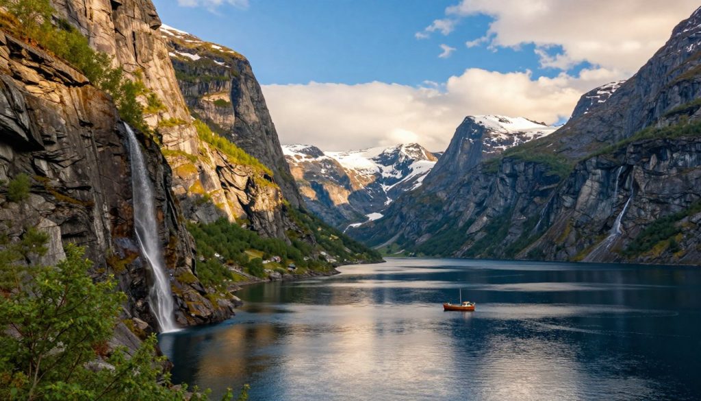 A breathtaking scene of the Norwegian fjords, showcasing steep cliffs rising dramatically from deep blue waters. In the foreground, vibrant green foliage clings to the rocky edges, while waterfalls cascade down into the fjord below. In the middle ground, a small wooden boat sails peacefully, its reflection shimmering in the water. The background features majestic snow-capped mountains rising under a clear blue sky with fluffy white clouds scattered throughout. The lighting is warm and soft, suggesting late afternoon, casting gentle shadows that enhance the textures of the landscape. The overall atmosphere is serene and awe-inspiring, capturing the legendary beauty and adventurous spirit of Norway's natural wonders.