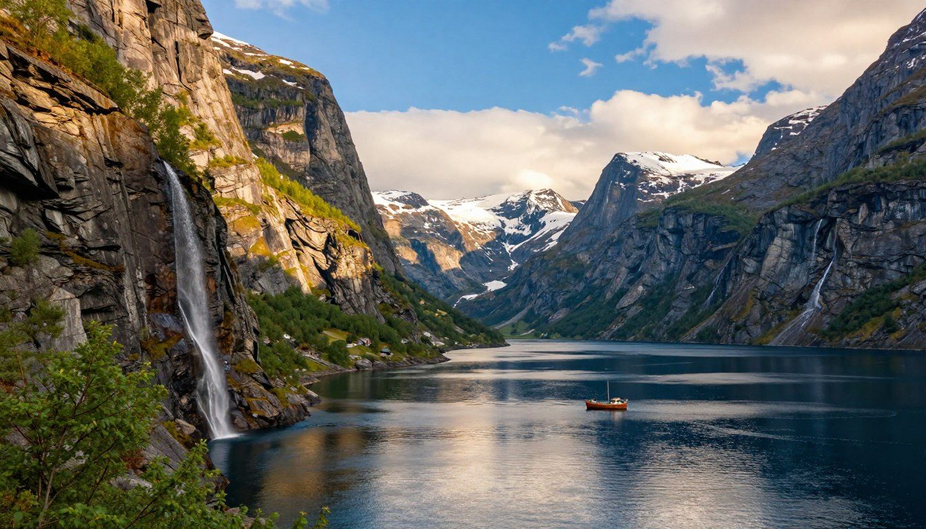 A breathtaking scene of the Norwegian fjords, showcasing steep cliffs rising dramatically from deep blue waters. In the foreground, vibrant green foliage clings to the rocky edges, while waterfalls cascade down into the fjord below. In the middle ground, a small wooden boat sails peacefully, its reflection shimmering in the water. The background features majestic snow-capped mountains rising under a clear blue sky with fluffy white clouds scattered throughout. The lighting is warm and soft, suggesting late afternoon, casting gentle shadows that enhance the textures of the landscape. The overall atmosphere is serene and awe-inspiring, capturing the legendary beauty and adventurous spirit of Norway's natural wonders.