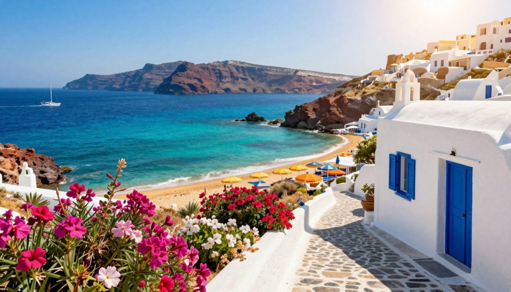 A breathtaking scene showcasing the beauty and diversity of the Greek islands. In the foreground, vibrant flowers in full bloom frame a winding cobblestone path leading to a charming whitewashed house with blue shutters. The middle ground features a stunning coastline with crystal-clear turquoise waters gently lapping against golden sandy beaches, dotted with colorful umbrellas and sun loungers. In the background, majestic cliffs rise dramatically against a clear blue sky, while a few sailboats glide gracefully in the distance. Soft, warm sunlight bathes the scene, creating a serene and inviting atmosphere. The image captures the essence of tranquility and exploration, offering a glimpse into a paradise of stunning natural beauty.