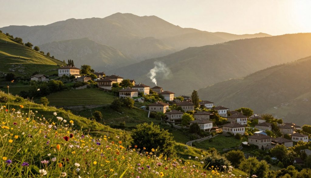 A breathtaking view of the hidden gem in the Balkan region, Albania, during the golden hour. The foreground features lush, green hills and vibrant wildflowers, creating a colorful tapestry. In the middle ground, a traditional Albanian village with charming stone houses sits nestled against the hillside, smoke gently rising from chimney tops, hinting at life within. Towering mountains loom in the background, partially shrouded in mist, adding a sense of mystery and majesty. Warm, diffused sunlight casts a golden hue over the landscape, enhancing its allure and creating soft shadows. The atmosphere is tranquil and inviting, evoking a sense of adventure and discovery. Capture this scene from a slightly elevated angle, providing a sweeping perspective of this enchanting region without any human figures or text, ensuring a focus on the natural beauty and cultural richness of the area.