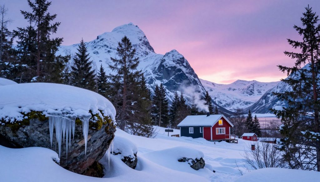 A breathtaking winter scene in Norway, blending beauty and challenge. In the foreground, a rugged snow-covered landscape with glistening icicles hanging from mossy rocks. The middle ground showcases a quaint, colorful wooden cabin nestled among towering pine trees, smoke rising from its chimney, indicating warmth inside. In the background, majestic snow-capped mountains rise against a brilliant twilight sky, with shades of pink and purple mingling with the fading blue light. A soft, ethereal glow cascades over the entire scene, evoking a sense of serenity despite the frosty environment. The mood is tranquil yet slightly daunting, capturing the essence of Norway's enchanting yet harsh nature. No human figures are present, ensuring focus on the splendid natural surroundings.