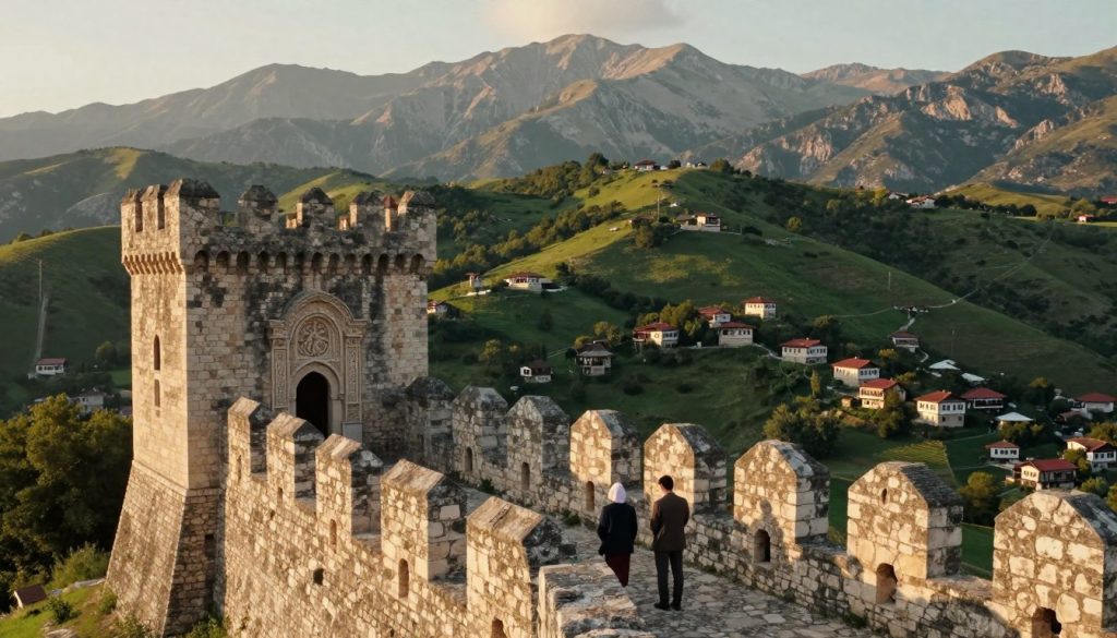 A captivating depiction of Albania's rich history and heritage. In the foreground, showcase an ancient stone castle, reminiscent of Albania's medieval architecture, with intricate carvings and weathered walls. Add a couple of people in modest, professional clothing exploring the site, embodying a sense of curiosity and reverence. In the middle ground, arrange lush green hills dotted with historical stone houses, reflecting the traditional Albanian way of life. The background should feature the majestic Albanian Alps, bathed in soft golden sunlight, creating a warm, inviting atmosphere. Use a slightly elevated angle to capture the expansive landscape, emphasizing the connection between man-made structures and the natural beauty surrounding them. The overall mood should be one of tranquility and discovery, inviting viewers to explore Albania's hidden treasures.