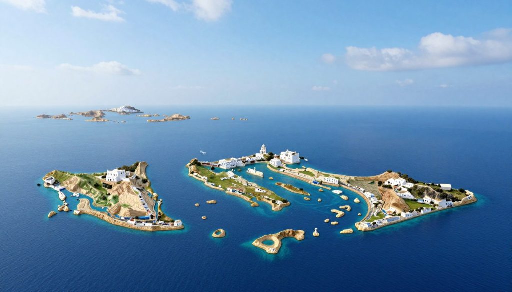 A detailed geographical map of the Greek islands, showcasing the various islands in the Aegean Sea and their locations. In the foreground, highlight the distinctive shapes of major islands like Crete, Rhodes, and Santorini, with rich colors and textures representing the landscape and coastlines. In the middle, display smaller islands intricately, with clear water bodies around them to indicate the surrounding sea. The background should illustrate a soft blue sky with gentle clouds, creating a serene atmosphere. Use bright lighting to illuminate the islands, enhancing their white architecture and natural beauty. The perspective should be slightly elevated for a comprehensive view, focusing on clarity and accuracy without any text or annotations.