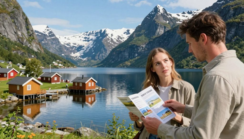 A scenic view of a picturesque Norwegian landscape, showcasing a vibrant fjord surrounded by majestic mountains under a clear blue sky. In the foreground, a couple dressed in modest, casual clothing examines a detailed travel brochure about tourism costs in Norway, with expressions of curiosity and contemplation. In the middle ground, quaint wooden cabins line the water's edge, reflecting local architecture, while soft sunlight casts gentle shadows, creating a warm atmosphere. The background features snow-capped peaks, hinting at the chilly climate, and lush greenery that embodies Norway’s natural beauty. The image should convey an inviting yet informative mood, emphasizing the allure of Norway's landscapes in contrast with the idea of travel expenses.