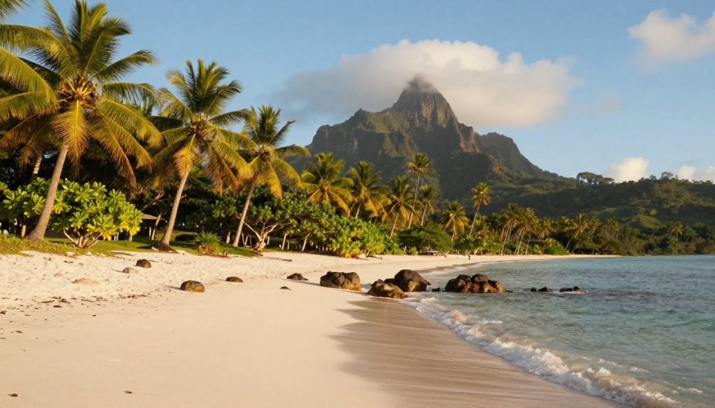 A serene beach scene on the islands of Comoros, showcasing untouched natural beauty. In the foreground, soft white sands stretch along the shoreline, dotted with small, smooth rocks and gentle waves lapping at the shore. The middle ground reveals lush green palm trees and vibrant tropical foliage swaying slightly in a light breeze. In the background, majestic volcanic mountains rise against a clear blue sky, partially draped in wisps of fluffy white clouds, enhancing the sense of tranquility. The golden hour lighting bathes the scene in warm, inviting tones, creating a peaceful and secluded atmosphere. Capture this idyllic setting with a wide-angle lens to emphasize the vastness and serenity of the landscape, inviting viewers to envision a getaway to a hidden paradise away from crowded tropical destinations. A serene beach scene on the islands of Comoros, showcasing untouched natural beauty. In the foreground, soft white sands stretch along the shoreline, dotted with small, smooth rocks and gentle waves lapping at the shore. The middle ground reveals lush green palm trees and vibrant tropical foliage swaying slightly in a light breeze. In the background, majestic volcanic mountains rise against a clear blue sky, partially draped in wisps of fluffy white clouds, enhancing the sense of tranquility. The golden hour lighting bathes the scene in warm, inviting tones, creating a peaceful and secluded atmosphere. Capture this idyllic setting with a wide-angle lens to emphasize the vastness and serenity of the landscape, inviting viewers to envision a getaway to a hidden paradise away from crowded tropical destinations.