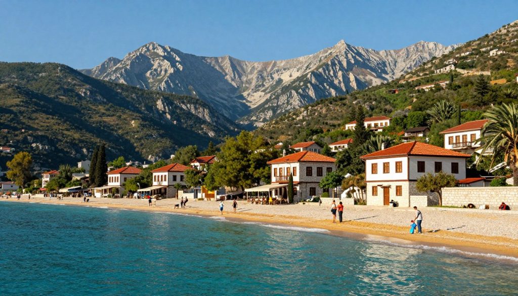 A serene landscape of Albania, featuring the stunning Albanian Riviera in the foreground with sparkling turquoise waters and golden sandy beaches. In the middle ground, traditional white-stone houses with red-tiled roofs are nestled among lush green hills, with people in modest casual clothing enjoying the sun. The background showcases the rugged peaks of the Albanian Alps under a clear blue sky, creating a breathtaking contrast. The scene is bathed in warm, natural sunlight, enhancing the vibrant colors of the landscape. The image should evoke a sense of adventure and tranquility, highlighting Albania's charm as an undiscovered gem. Use a wide-angle perspective to capture the expansive beauty of the landscape.