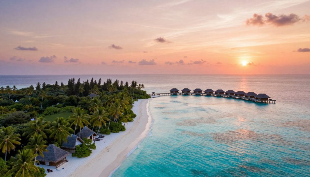 A stunning aerial view comparing the islands of Comoros and Maldives, showcasing their vibrant azure waters and lush green landscapes. In the foreground, include a picturesque beach on Comoros, dotted with palm trees and rustic huts, capturing its tranquil, unspoiled beauty. In the middle ground, contrast this with the iconic overwater bungalows of the Maldives, elegantly set against crystal-clear lagoons. The background features a vibrant sunset, casting warm orange and pink hues across the sky, reflective on the water's surface. The scene conveys a peaceful, dreamlike atmosphere, evoking the allure of both island destinations. Use soft, natural lighting to enhance the serene mood, emphasizing the tropical paradise aesthetic. Ensure the image is free of any text or watermarks. A stunning aerial view comparing the islands of Comoros and Maldives, showcasing their vibrant azure waters and lush green landscapes. In the foreground, include a picturesque beach on Comoros, dotted with palm trees and rustic huts, capturing its tranquil, unspoiled beauty. In the middle ground, contrast this with the iconic overwater bungalows of the Maldives, elegantly set against crystal-clear lagoons. The background features a vibrant sunset, casting warm orange and pink hues across the sky, reflective on the water's surface. The scene conveys a peaceful, dreamlike atmosphere, evoking the allure of both island destinations. Use soft, natural lighting to enhance the serene mood, emphasizing the tropical paradise aesthetic. Ensure the image is free of any text or watermarks.