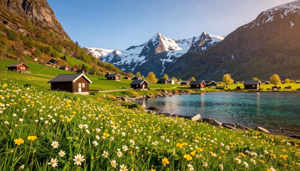 A stunning landscape of Norway showcasing the best times to visit, featuring a vibrant spring scene with blooming wildflowers, lush green hills, and crystal-clear lakes in the foreground. In the middle ground, quaint wooden cabins and a picturesque village nestled amongst the mountains, bathed in warm sunlight. The background reveals majestic, snow-capped peaks under a clear blue sky. The lighting is golden, suggesting a sunny afternoon, enhancing the natural colors. The atmosphere is inviting and serene, perfect for a relaxed yet adventurous trip. A subtle sense of tranquility pervades the scene, making it an ideal visual representation of Norway's enchanting nature during its most appealing seasons.