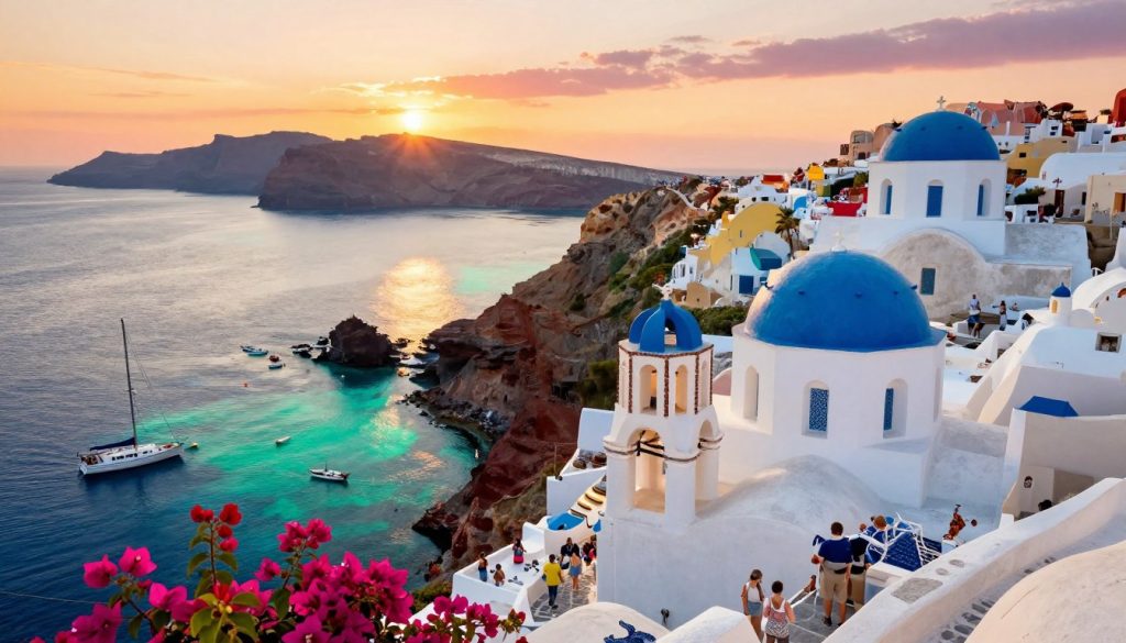 A stunning panoramic view of the Greek islands, featuring iconic white-washed buildings with blue domes perched on cliff edges overlooking crystal-clear turquoise waters. The foreground showcases vibrant bougainvillea flowers and traditional stone pathways, inviting exploration. In the middle, a quaint harbor filled with sailboats reflects the bright sunshine, while people in modest casual clothing leisurely stroll along the waterfront, enjoying the warm atmosphere. The background reveals dramatic cliffs and lush greenery, with a peaceful sky painted in warm oranges and soft pinks at sunset. The scene captures the idyllic charm and serene ambiance of a popular tourist destination that epitomizes the beauty and allure of Greece. The lighting is soft and warm, enhancing the enchanting mood of a summer evening.