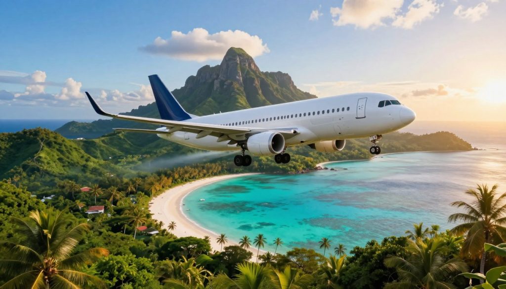 A vibrant and serene travel scene depicting the journey from Saudi Arabia to the Comoros Islands. In the foreground, illustrate an elegant airplane soaring through a clear blue sky, symbolizing the journey. In the middle ground, incorporate a glimpse of the stunning Comoros Islands with lush green landscape and crystal-clear turquoise waters dotted with white sandy beaches, emphasizing its resemblance to a hidden African Maldives. In the background, showcase distant volcanic peaks under a soft, golden sunset, creating a warm and inviting atmosphere. The lighting should evoke a sense of adventure and tranquility, enhancing the allure of this tropical paradise. Capture the mood of excitement and discovery, focusing on the beauty and accessibility of the destination without any human figures or text elements. A vibrant and serene travel scene depicting the journey from Saudi Arabia to the Comoros Islands. In the foreground, illustrate an elegant airplane soaring through a clear blue sky, symbolizing the journey. In the middle ground, incorporate a glimpse of the stunning Comoros Islands with lush green landscape and crystal-clear turquoise waters dotted with white sandy beaches, emphasizing its resemblance to a hidden African Maldives. In the background, showcase distant volcanic peaks under a soft, golden sunset, creating a warm and inviting atmosphere. The lighting should evoke a sense of adventure and tranquility, enhancing the allure of this tropical paradise. Capture the mood of excitement and discovery, focusing on the beauty and accessibility of the destination without any human figures or text elements.