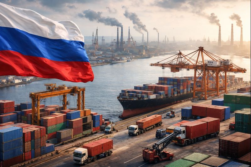 مشهد يرمز لتحوّل التجارة الروسية: سفن شحن وحاويات في ميناء مع خريطة تربط روسيا بآسيا وأوروبا