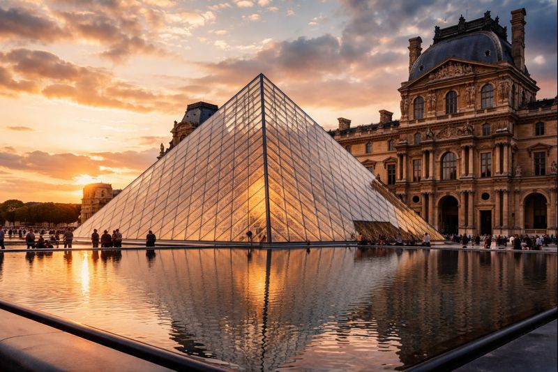 الهرم الزجاجي في متحف اللوفر بباريس يظهر كمدخل معماري حديث وسط الساحة التاريخية للمتحف