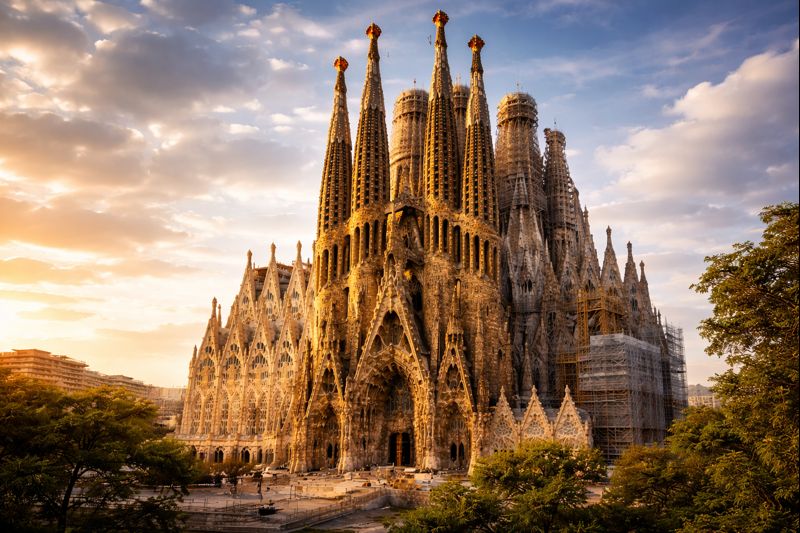 واجهة ساغرادا فاميليا ببرشلونة عند الغروب مع أبراج شاهقة ورافعات بناء في مشهد واقعي واضح