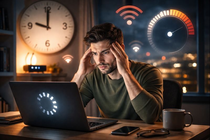 يضعف الاتصال في وقت معين, تباطؤ الشبكة مساءً, ازدحام الإنترنت, تقطع النت في ساعة ثابتة, انخفاض سرعة التحميل