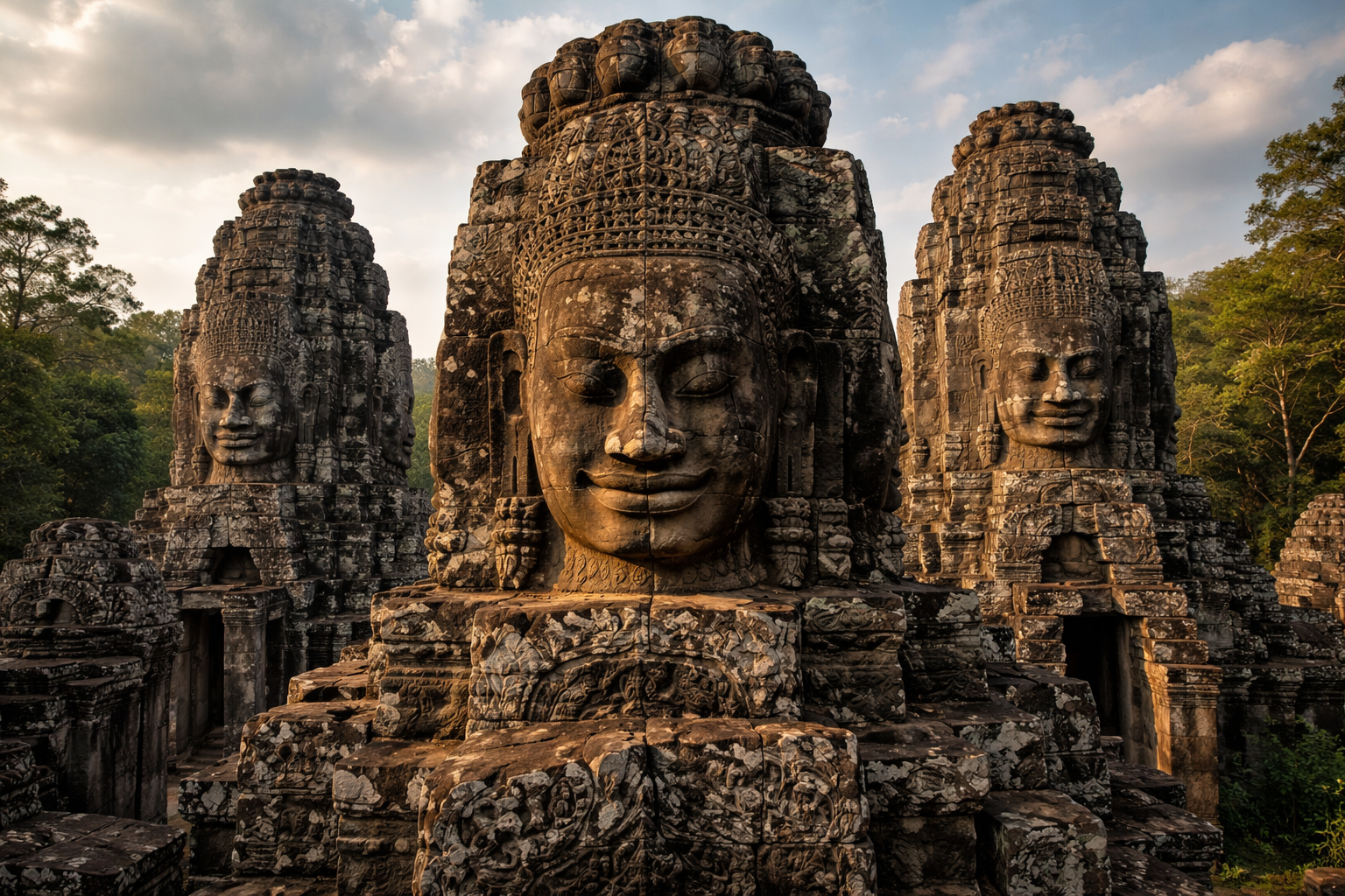 أبراج بايون بوجوه حجرية مبتسمة تبرز فوق أنغكور توم تحت ضوء صباحي ناعم في كمبوديا