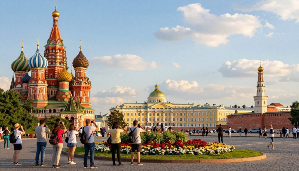 A beautiful collage representing tourism in Russia, featuring iconic landmarks like the colorful domes of Saint Basil's Cathedral in Moscow, the stunning Hermitage Museum in Saint Petersburg, the picturesque beaches of Sochi, and the historic Kazan Kremlin. In the foreground, a diverse group of tourists, dressed in modest casual clothing, take photos and admire the architecture. The middle layer showcases the landmarks surrounded by lush greenery and vibrant flowers, while the background includes a clear blue sky and softly lit clouds, enhancing the peaceful atmosphere. The lighting should evoke a warm late afternoon glow, casting gentle shadows that add depth to the scene. The overall mood is inviting and celebratory, reflecting the essence of Russia as a captivating travel destination.