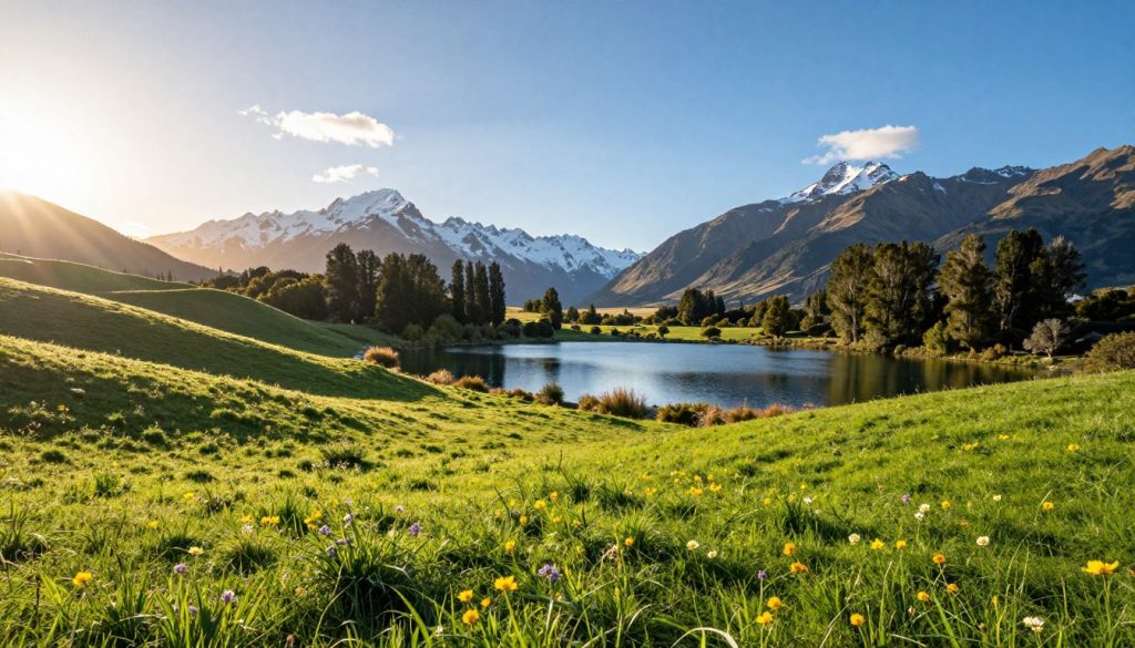 A breathtaking New Zealand landscape, featuring rolling green hills in the foreground dotted with bright wildflowers. The middle ground reveals a calm, reflective lake surrounded by lush, tall trees, with a backdrop of majestic snow-capped mountains under a clear blue sky. Golden sunlight streams from the left, casting gentle shadows and enhancing the vibrant colors of nature. The scene conveys tranquility and adventure, evoking a sense of peace and the thrill of exploration. A few wispy clouds drift in the sky, adding depth to the serene atmosphere. Capture this picturesque moment using a wide-angle lens to emphasize the vastness of the scenery, ensuring a balanced composition that encapsulates the beauty of New Zealand's landscapes.