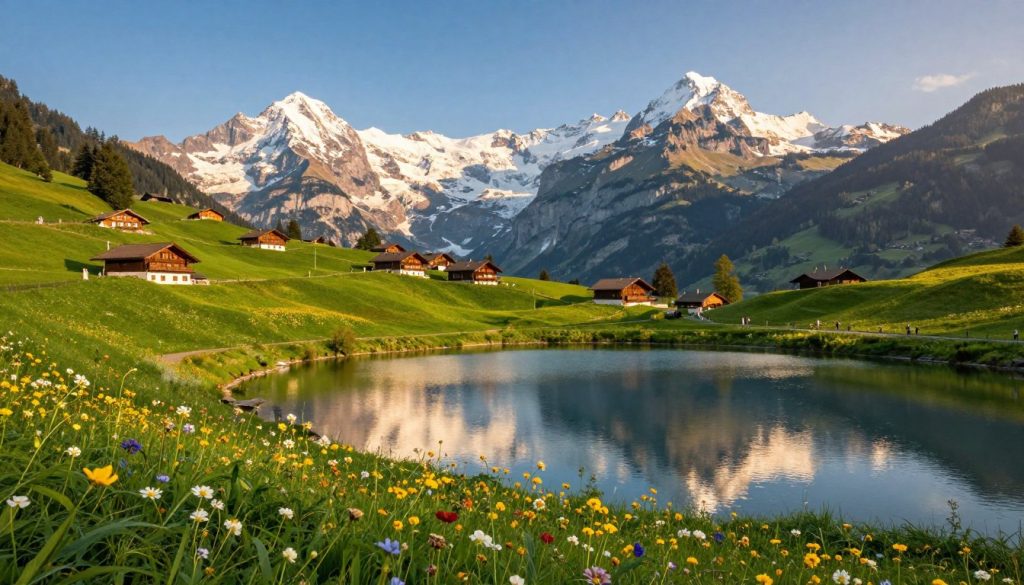 A breathtaking Swiss landscape showcasing the beauty of nature. In the foreground, a tranquil lake reflecting the sky, bordered by vibrant wildflowers and lush green grass. The middle ground features rolling hills dotted with alpine meadows and charming chalets, while majestic snow-capped mountains rise dramatically in the background against a clear blue sky. The scene is illuminated by soft, warm sunlight, creating a serene and inviting atmosphere. Capture the essence of Switzerland’s natural splendor with a wide-angle view, highlighting the intricate details of the flora and the grandeur of the mountains, evoking a sense of peace and wonder.