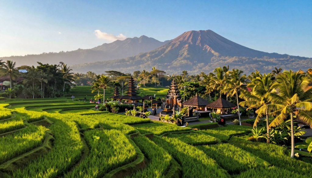 A breathtaking aerial view of Bali's geographic landscape, showcasing lush green rice terraces cascading down hillsides in the foreground. In the middle ground, traditional Balinese temples with intricate carvings stand proud, surrounded by vibrant tropical foliage. The background features dramatic volcanic mountains under a clear blue sky, casting soft shadows as the golden sunlight bathes the scene. A gentle breeze ripples through the palm trees, creating a serene and inviting atmosphere. The image should evoke a sense of tranquility, harmony with nature, and tropical splendor, captured with a wide-angle lens for a dynamic composition. Overall, the lighting should be warm and inviting, highlighting the rich colors of the island's natural beauty.