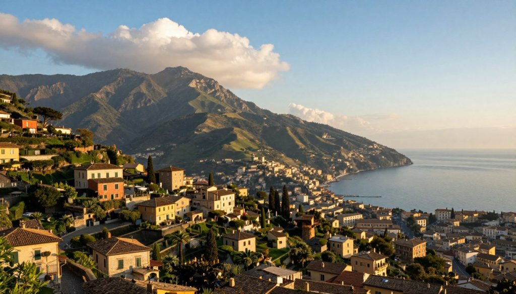 A breathtaking landscape capturing the essence of Italy's diverse natural beauty and historical richness, featuring majestic mountains in the foreground, lush green hillsides, and tranquil coastal views in the background. The scene is bathed in warm golden sunlight, creating a soft glow on the natural elements. In the middle ground, quaint historical villages dot the hills, showcasing charming architecture with terracotta rooftops and cobblestone streets. The sky is a clear blue with fluffy white clouds scattered above, evoking a sense of peace and wonder. The angle is slightly elevated, giving a panoramic view of the varying elevations and the beautiful coastline meeting the tranquil sea. The atmosphere is serene and inviting, a perfect representation of Italy's enchanting allure.