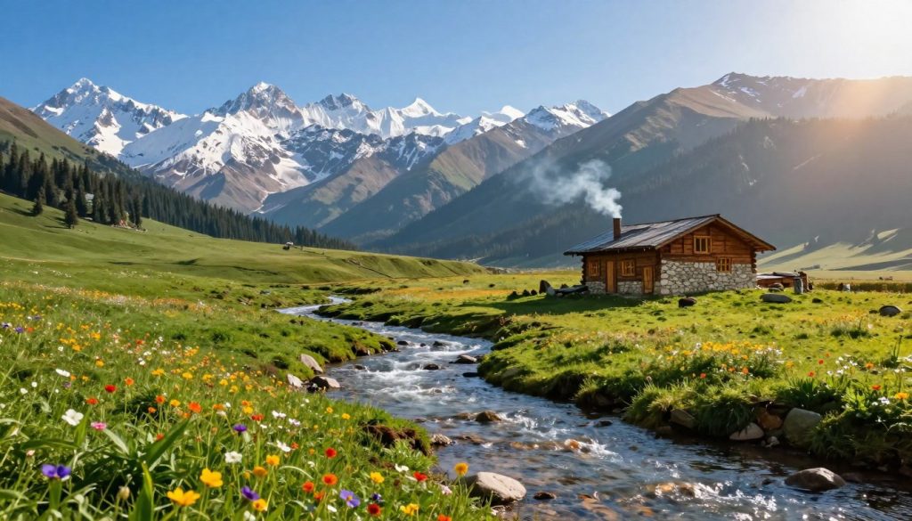 A breathtaking landscape of Kashmir showcasing its enchanting beauty. In the foreground, lush green meadows dotted with vibrant wildflowers under a bright blue sky. A gentle stream flows peacefully through the scene, reflecting the surrounding colors. In the middle ground, majestic snow-capped mountains rise, their peaks glistening in the sunlight, exuding a sense of tranquility. A traditional house made of wood and stone, with smoke gently rising from the chimney, adds a cultural touch. The background features a hazy ethereal aura, capturing the essence of this paradise. The lighting is warm and inviting, evoking a sense of serenity and harmony. The atmosphere is peaceful, yet the subtle undertones hint at the complexity of the region's history and struggles, embodying both natural beauty and underlying tensions.