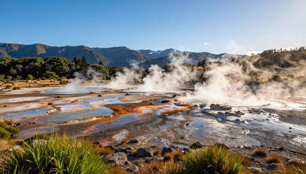 A breathtaking landscape of volcanic hot springs in New Zealand, featuring a vibrant interplay of colorful mineral deposits around steaming pools under a clear blue sky. In the foreground, vivid green vegetation contrasts against the rugged, rocky terrain. The middle ground showcases a series of active geysers erupting, sending plumes of steam into the air, while the background displays majestic mountains with a hint of snow atop their peaks. Soft, warm sunlight bathes the scene, creating a serene yet dynamic atmosphere. The angle is slightly elevated, capturing the expanse of this natural wonder, with no people or distractions, emphasizing the untouched beauty of the landscape. The overall mood is tranquil, inviting viewers to immerse themselves in the stunning natural habitat of New Zealand.