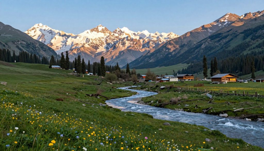 A breathtaking panoramic view of the Kashmir valley, showcasing its unique geography and natural beauty. In the foreground, lush green meadows dotted with vibrant wildflowers and gently flowing streams reflect the clear blue sky. The middle ground features majestic snow-capped mountains, their rugged peaks contrasting with the serene valleys below. A winding river snakes through the valley, enhancing the sense of depth. In the background, a cluster of traditional wooden houses nestled among tall pine trees illustrates the harmonious blend of human habitation and nature. Soft, warm sunlight bathes the scene, creating a peaceful and inviting atmosphere. The overall mood conveys a sense of tranquility and wonder, highlighting Kashmir as a captivating destination for visitors.