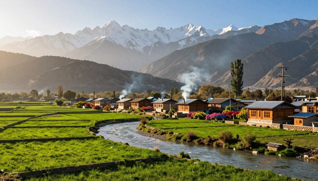 A breathtaking panoramic view of the strategic Kashmir landscape. In the foreground, lush green terraced fields with a winding river reflecting the sunlight. The middle ground features traditional wooden houses with smoke billowing from chimneys, surrounded by vibrant flowering plants. In the background, majestic snow-capped mountains rise against a clear blue sky, adding a sense of grandeur. Soft sunlight bathes the scene in a warm glow, enhancing the natural beauty. The atmosphere conveys a peaceful yet complex coexistence of nature and human life, representing both the region's exquisite charm and its geopolitical significance. The composition captures a sense of tranquility, encouraging a deeper contemplation of Kashmir's beauty and challenges.