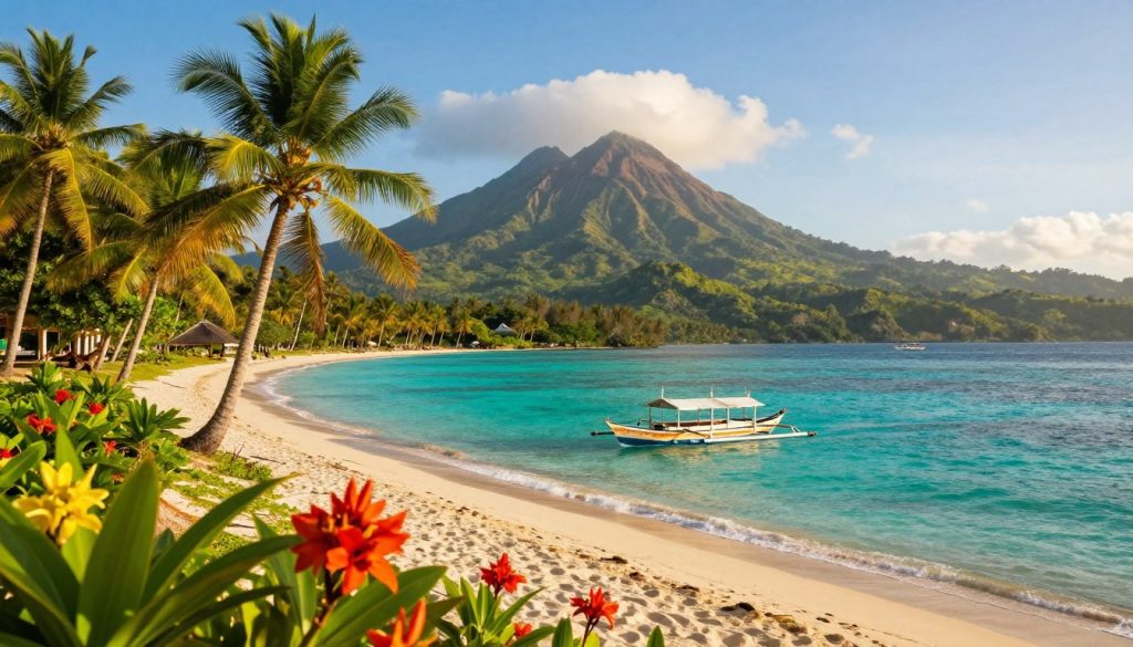 A breathtaking view of Indonesia's tropical islands, showcasing lush greenery and serene beaches. In the foreground, vibrant tropical flowers bloom amidst gently swaying palm trees. The middle ground features a small traditional wooden boat gracefully gliding through crystal-clear turquoise waters. In the background, majestic volcanic mountains rise under a clear blue sky, with soft, fluffy clouds accentuating their peaks. The scene is bathed in warm, golden sunlight, creating a tranquil and inviting atmosphere. The image captures the essence of Indonesia's natural beauty, evoking a sense of wonder and exploration. The composition emphasizes depth with a slight tilt, shot with a wide-angle lens, enhancing the vibrant colors and textures of the landscape.