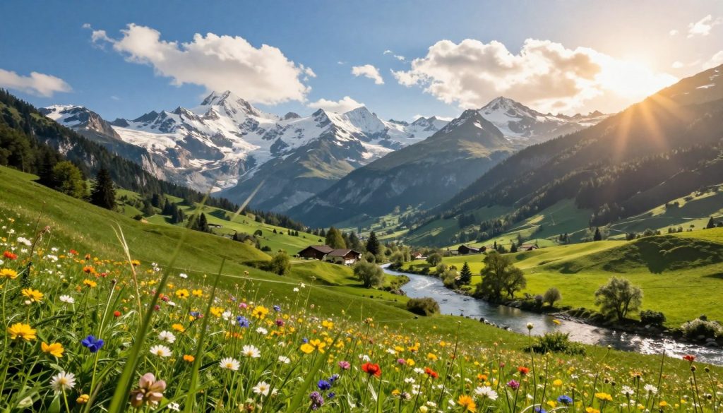 A breathtaking view of Switzerland's natural landscapes, featuring lush green valleys and majestic snow-capped mountains in the background. The foreground showcases vibrant wildflowers in full bloom, swaying gently in the breeze under a clear blue sky. Soft, golden sunlight filters through scattered fluffy clouds, creating a warm and inviting atmosphere. A winding river glistens in the mid-ground, reflecting the surrounding scenery and enhancing the sense of tranquility. The composition is designed to capture a panoramic angle, emphasizing the grandeur of the Swiss Alps. This serene setting evokes a sense of peace and the beauty of nature, perfect for illustrating Switzerland's stunning landscapes.